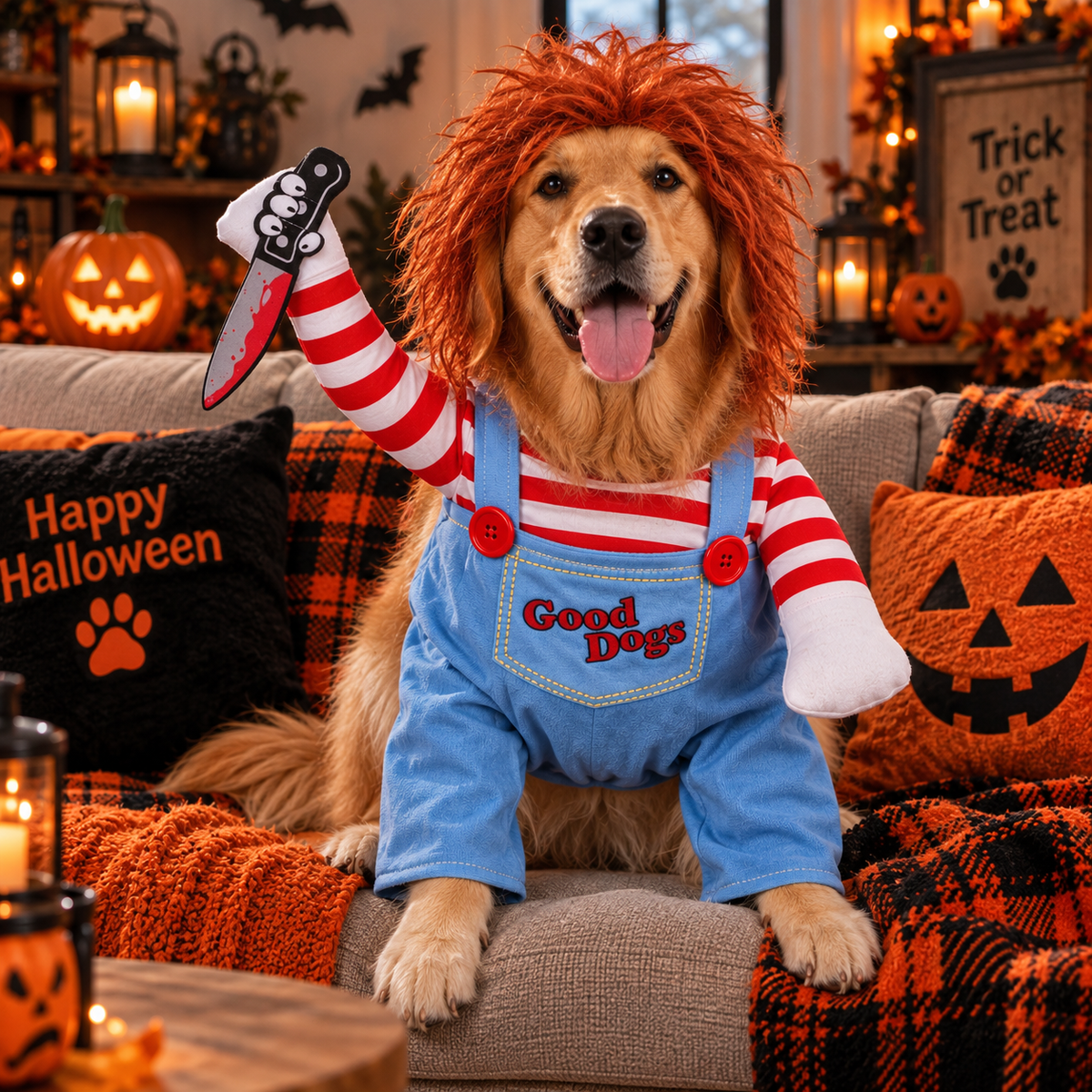 Killer Doll Dog Halloween Costume, Creepy Doll Pet Costume with Red Wig & Toy Knife, Funny Horror Dog Outfit, Halloween Party