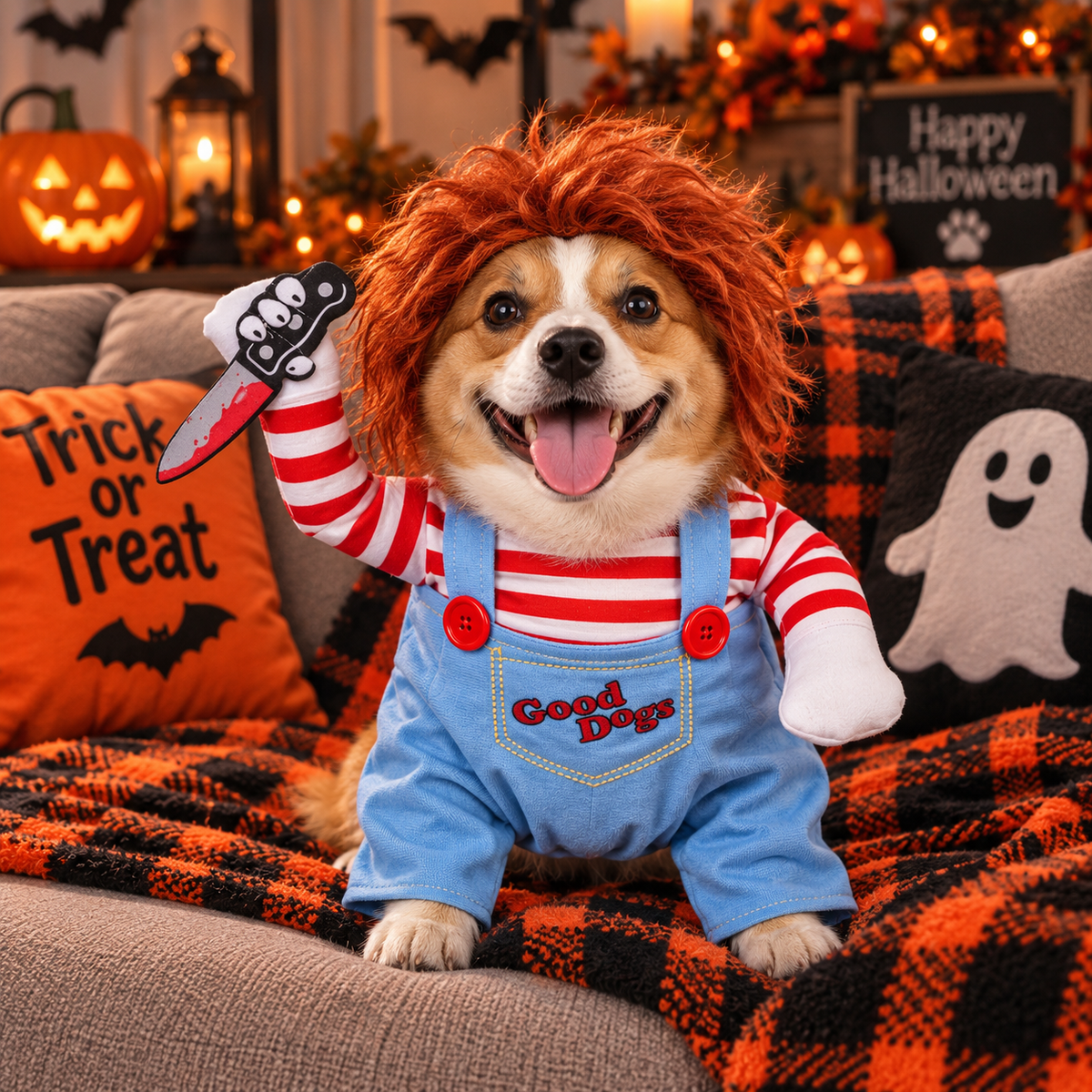 Killer Doll Dog Halloween Costume, Creepy Doll Pet Costume with Red Wig & Toy Knife, Funny Horror Dog Outfit, Halloween Party