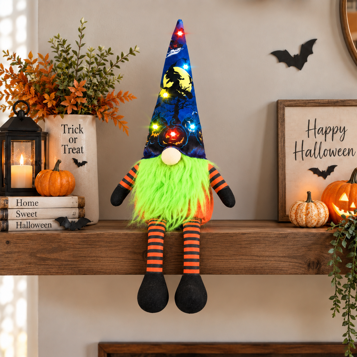 Halloween Gnome Decoration, Lighted Gnome Decor with Pumpkin, Witch Hat & Bat