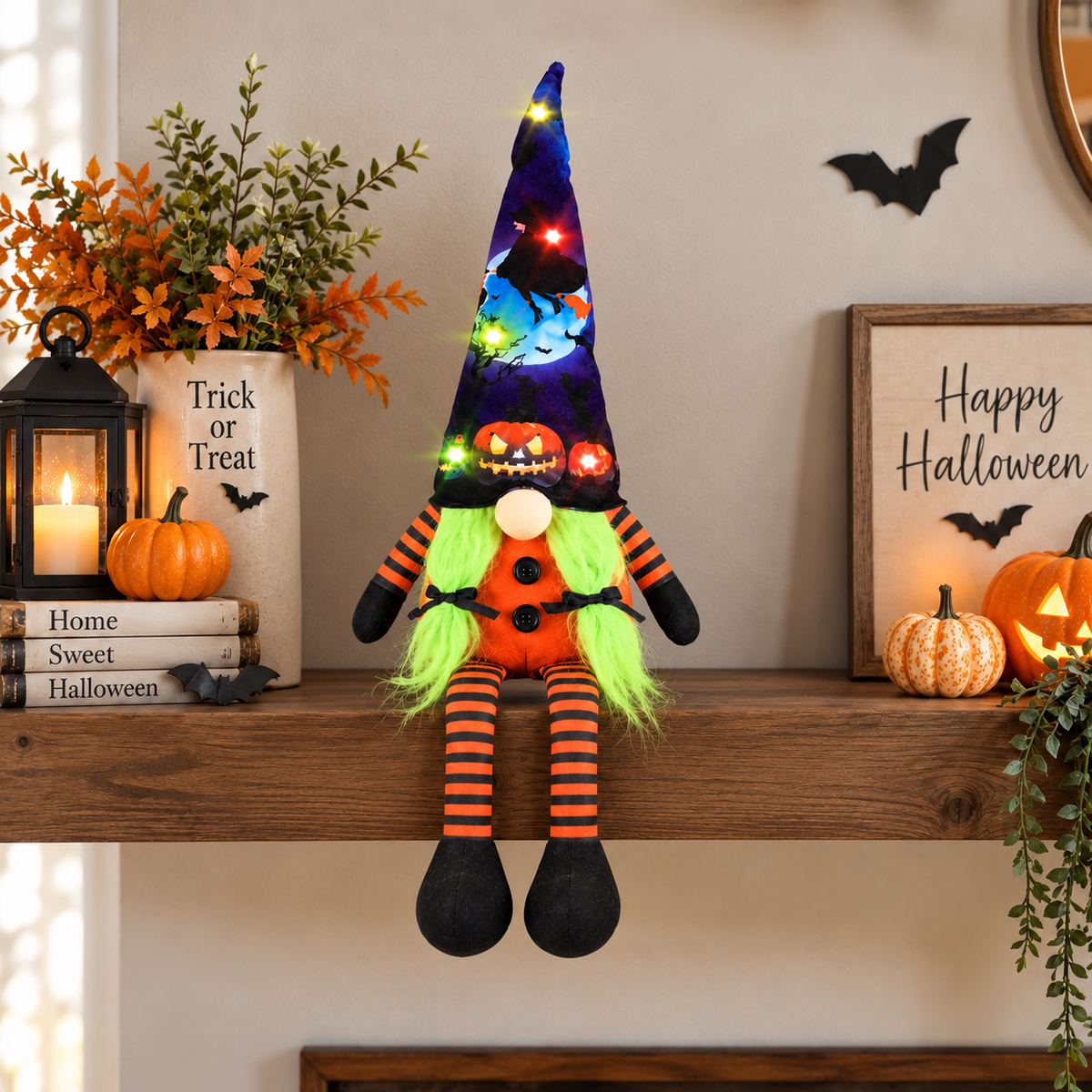 Halloween Gnome Decoration, Lighted Gnome Decor with Pumpkin, Witch Hat & Bat