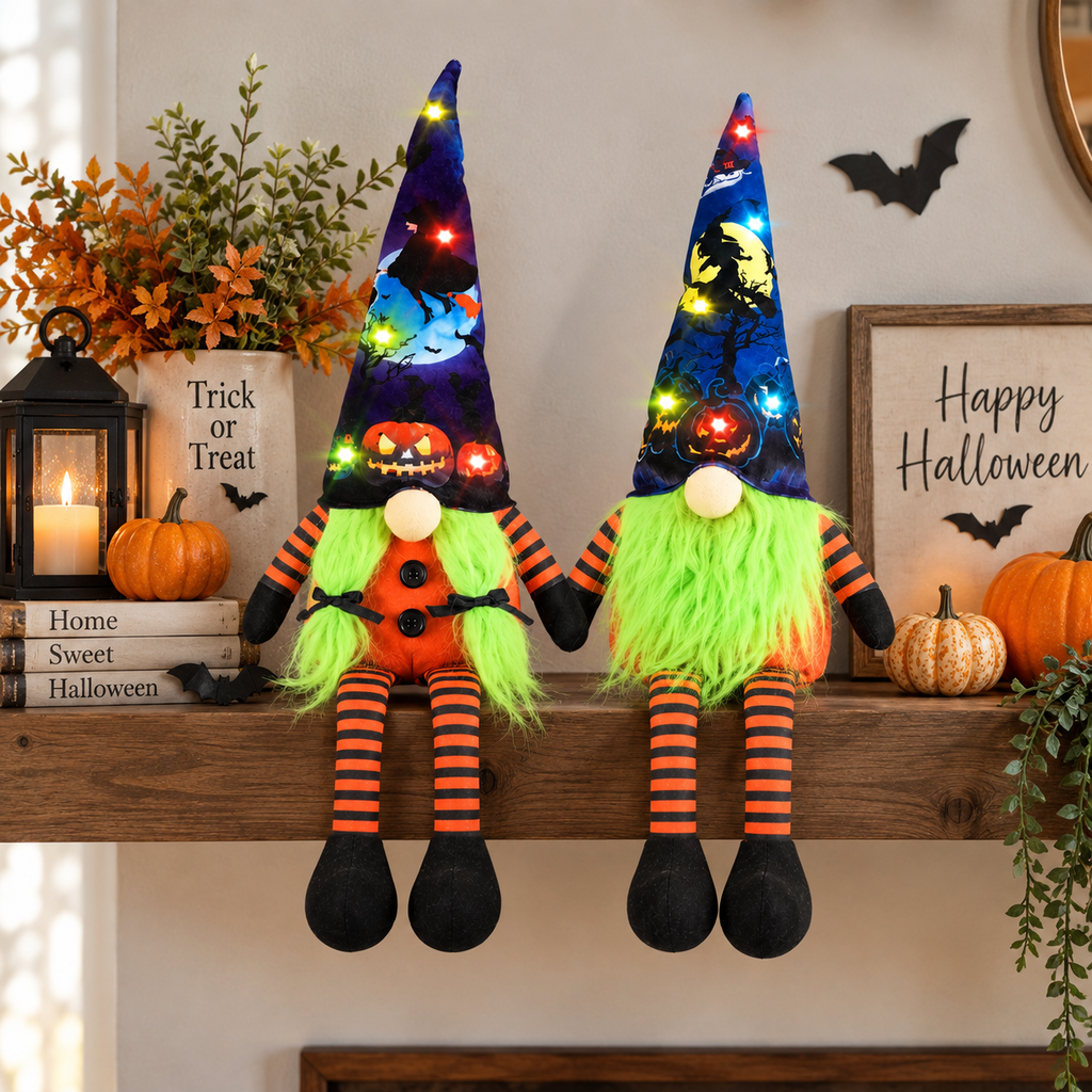 Halloween Gnome Decoration, Lighted Gnome Decor with Pumpkin, Witch Hat & Bat