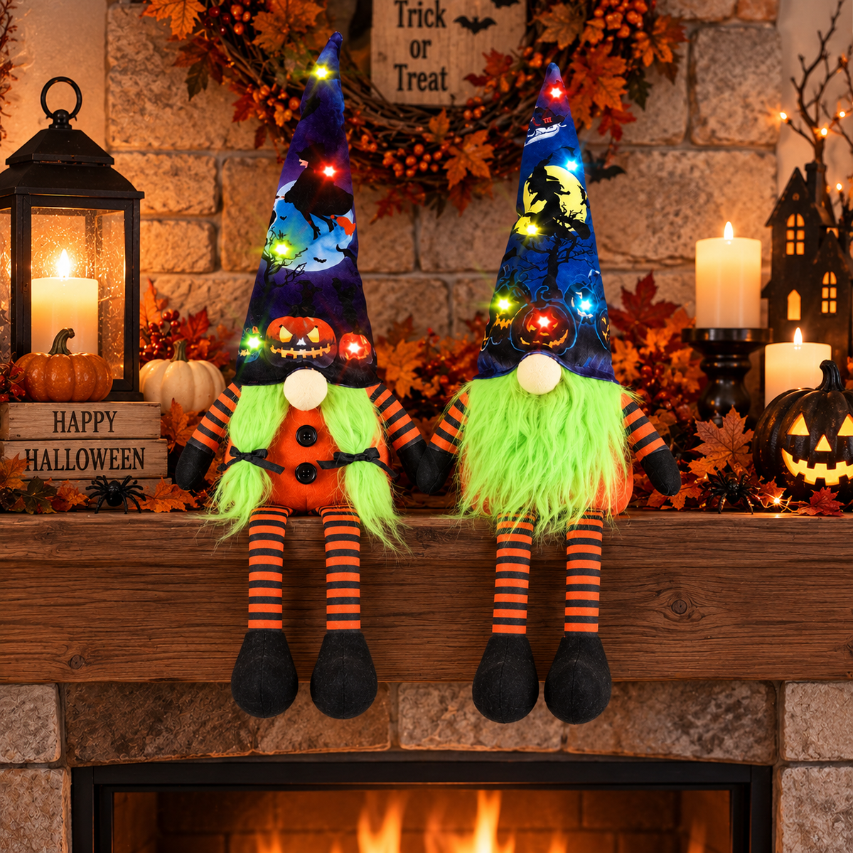 Halloween Gnome Decoration, Lighted Gnome Decor with Pumpkin, Witch Hat & Bat, Tabletop Mantel Shelf Home Decor