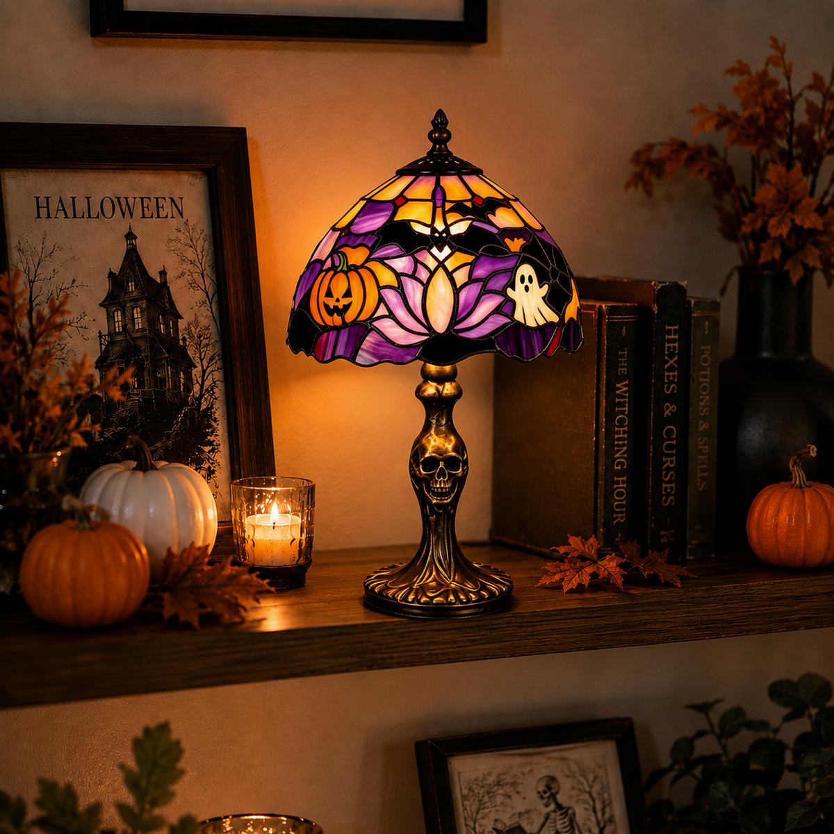 Halloween Table Lamp, Halloween Decor, LED Decorative Lamp, Warm Glow Resin Lamp, Gothic Halloween Home Decor, Pumpkin & Ghost Table Decoration, Spooky Desk Lamp, Halloween Party Decor, Mantel & Shelf Decoration
