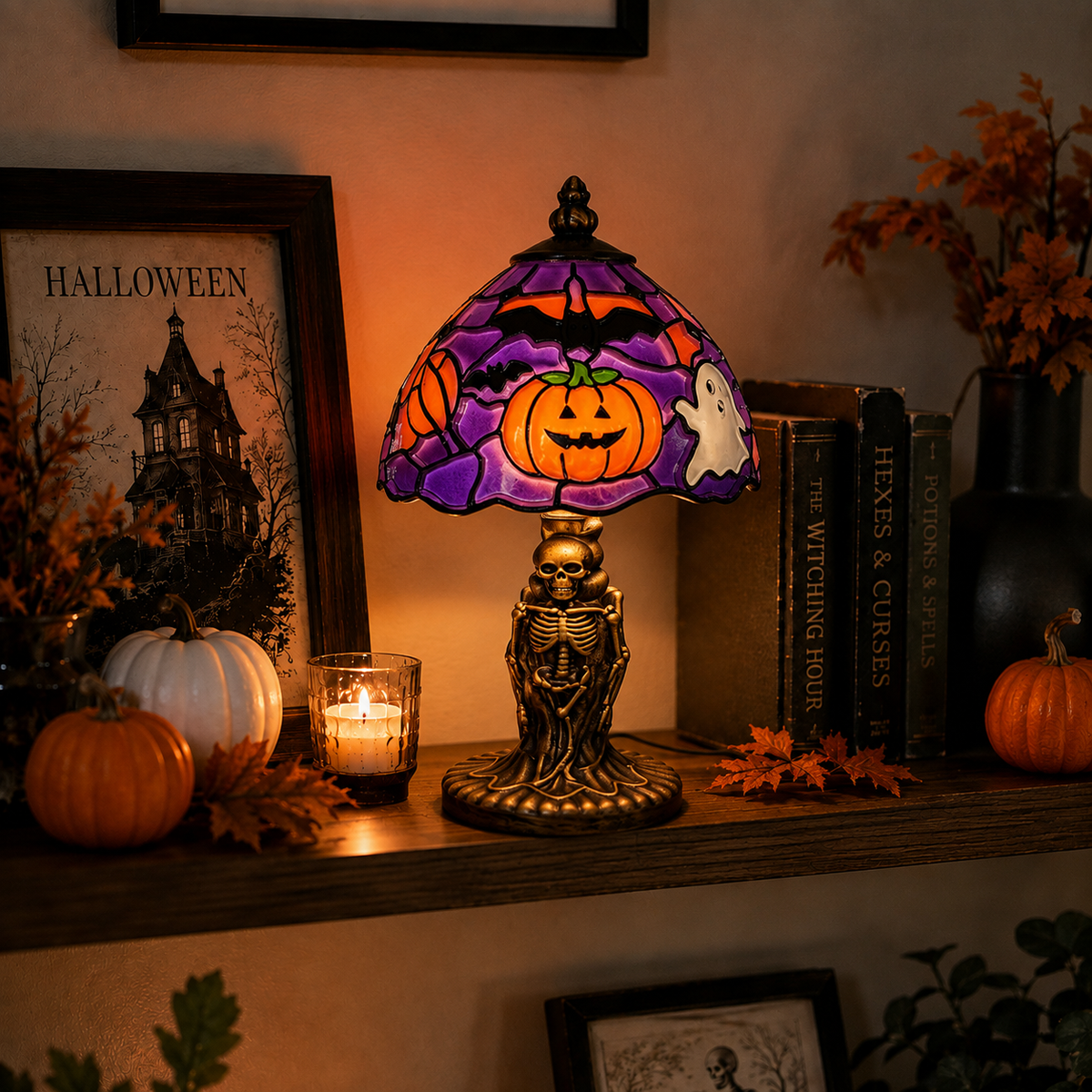 Halloween Table Lamp, Halloween Decor, LED Decorative Lamp, Warm Glow Resin Lamp, Gothic Halloween Home Decor, Pumpkin & Ghost Table Decoration, Spooky Desk Lamp, Halloween Party Decor, Mantel & Shelf Decoration