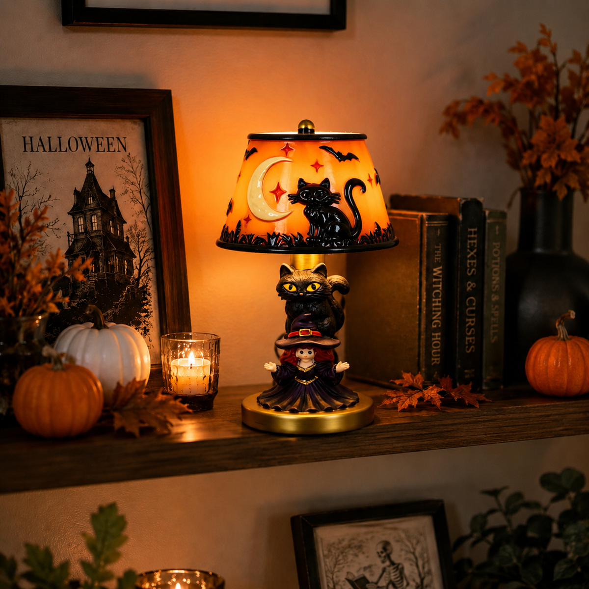 Halloween Table Lamp, Halloween Decor, LED Decorative Lamp, Warm Glow Resin Lamp, Gothic Halloween Home Decor, Pumpkin & Ghost Table Decoration, Spooky Desk Lamp, Halloween Party Decor, Mantel & Shelf Decoration