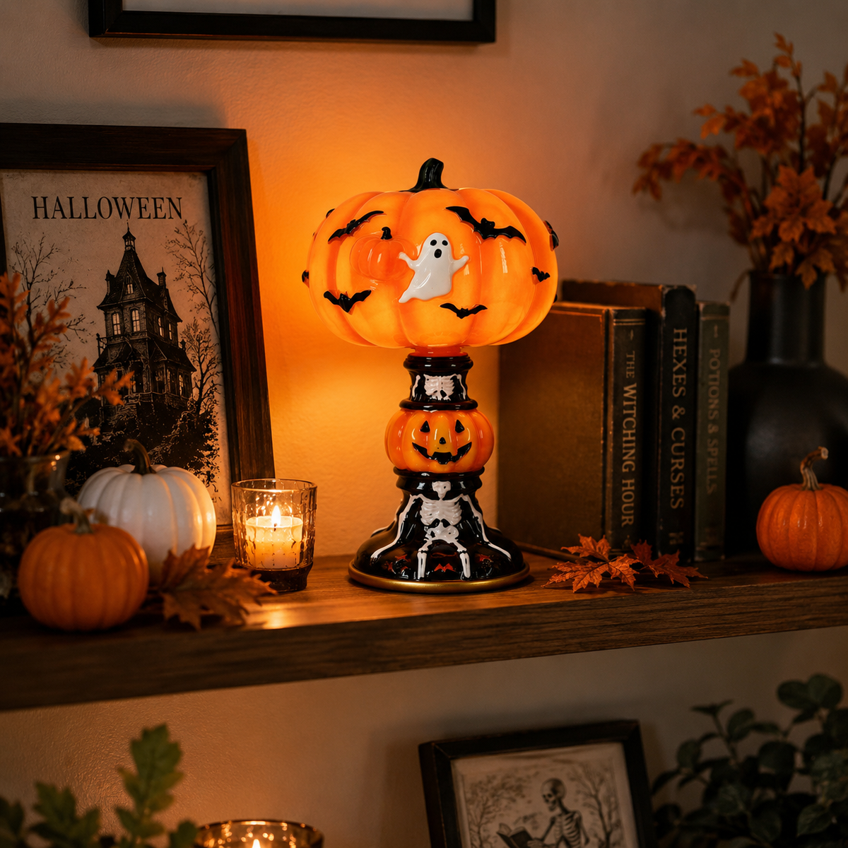 Halloween Table Lamp, Halloween Decor, LED Decorative Lamp, Warm Glow Resin Lamp, Gothic Halloween Home Decor, Pumpkin & Ghost Table Decoration, Spooky Desk Lamp, Halloween Party Decor, Mantel & Shelf Decoration