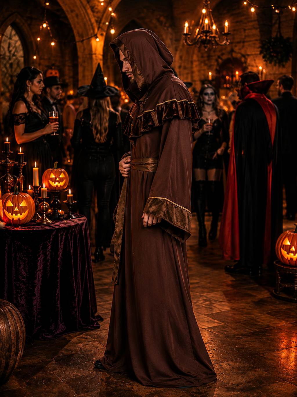Adult Halloween Costume Hooded Robe, Dark Monk Wizard Warlock Costume, Medieval Gothic Cloak for Halloween Party, Cosplay and Events