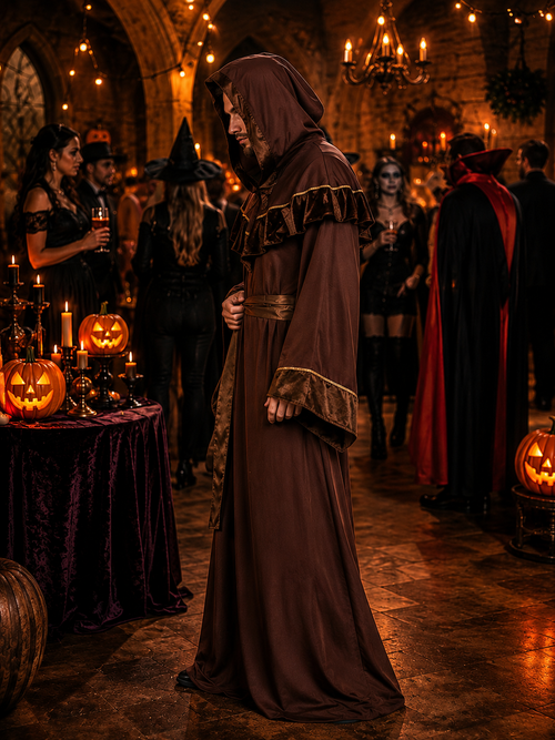 Adult Halloween Costume Hooded Robe, Dark Monk Wizard Warlock Costume, Medieval Gothic Cloak for Halloween Party, Cosplay and Events