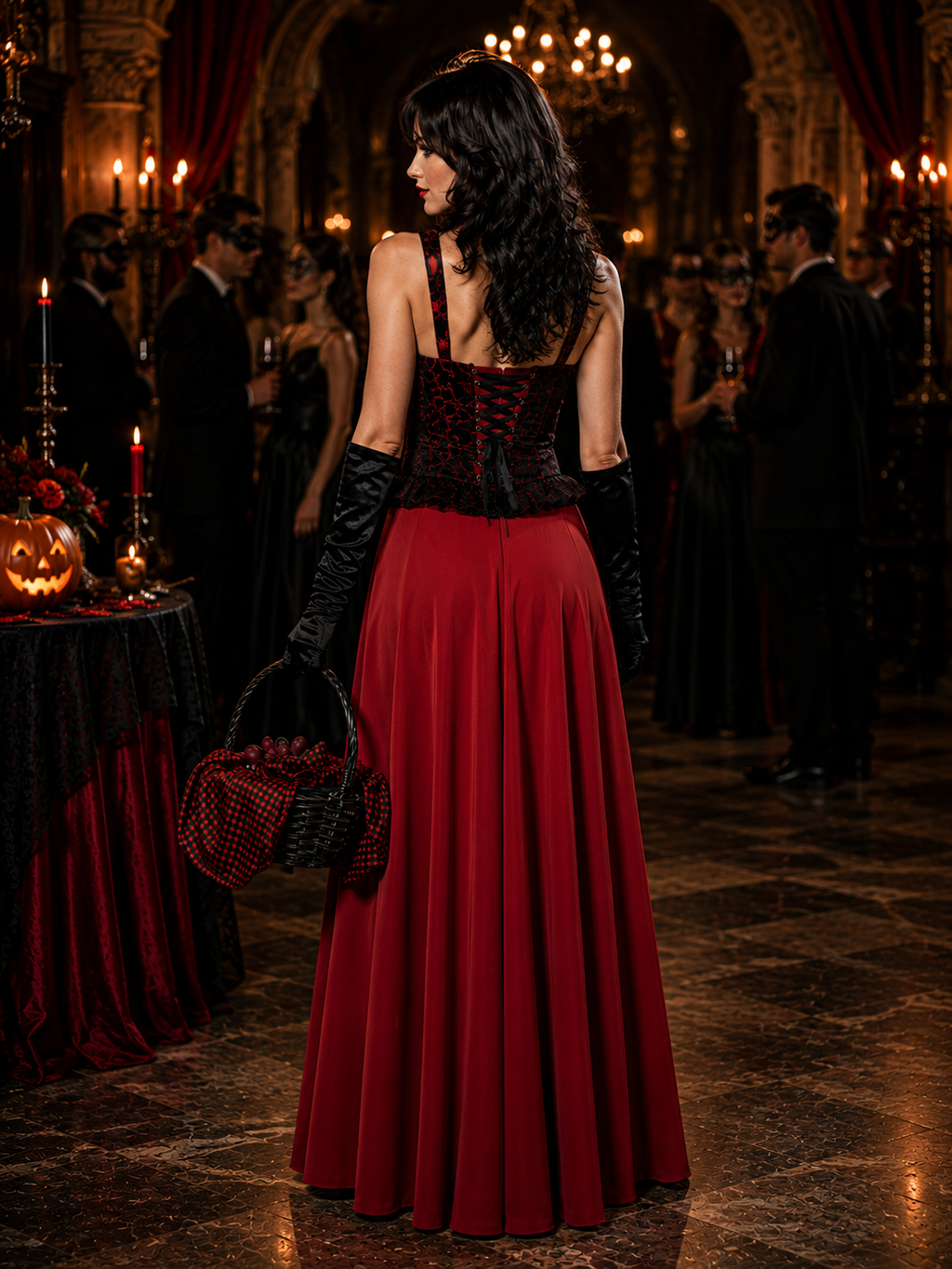 Women's Halloween Vampire Costume, Gothic Red Hooded Cape with Skirt & Gloves, Red and Black Adult Costume for Halloween Party