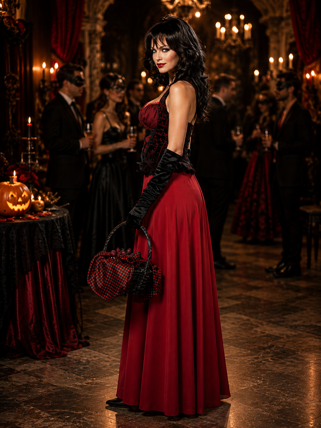 Women's Halloween Vampire Costume, Gothic Red Hooded Cape with Skirt & Gloves, Red and Black Adult Costume for Halloween Party