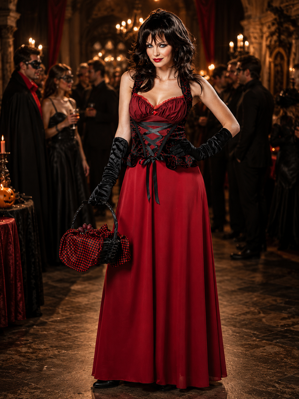 Women's Halloween Vampire Costume, Gothic Red Hooded Cape with Skirt & Gloves, Red and Black Adult Costume for Halloween Party