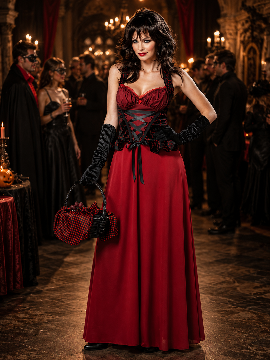 Women's Halloween Vampire Costume, Gothic Red Hooded Cape with Skirt & Gloves, Red and Black Adult Costume for Halloween Party