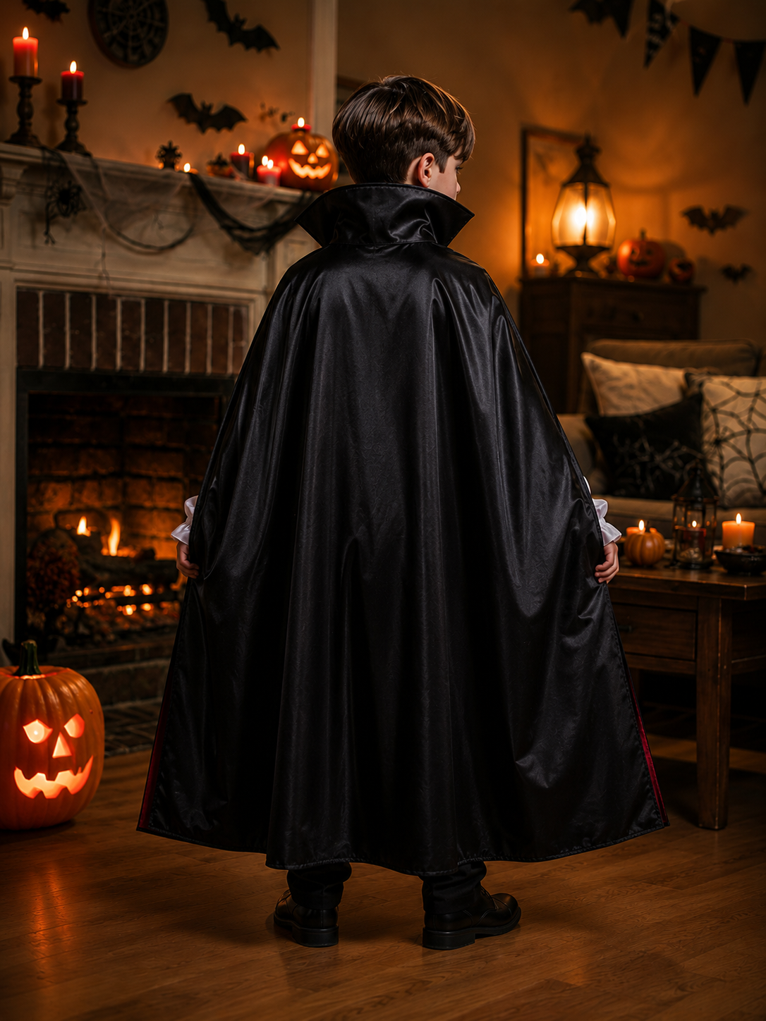 Boys Vampire Halloween Costume with Red and Black Cape, Red Vest, White Shirt and Black Pants, Kids Dracula Costume for Halloween Party