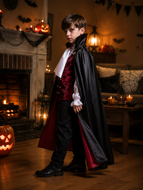 Boys Vampire Halloween Costume with Red and Black Cape, Red Vest, White Shirt and Black Pants, Kids Dracula Costume for Halloween Party
