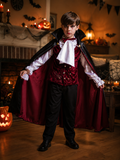 Boys Vampire Halloween Costume with Red and Black Cape, Red Vest, White Shirt and Black Pants, Kids Dracula Costume for Halloween Party