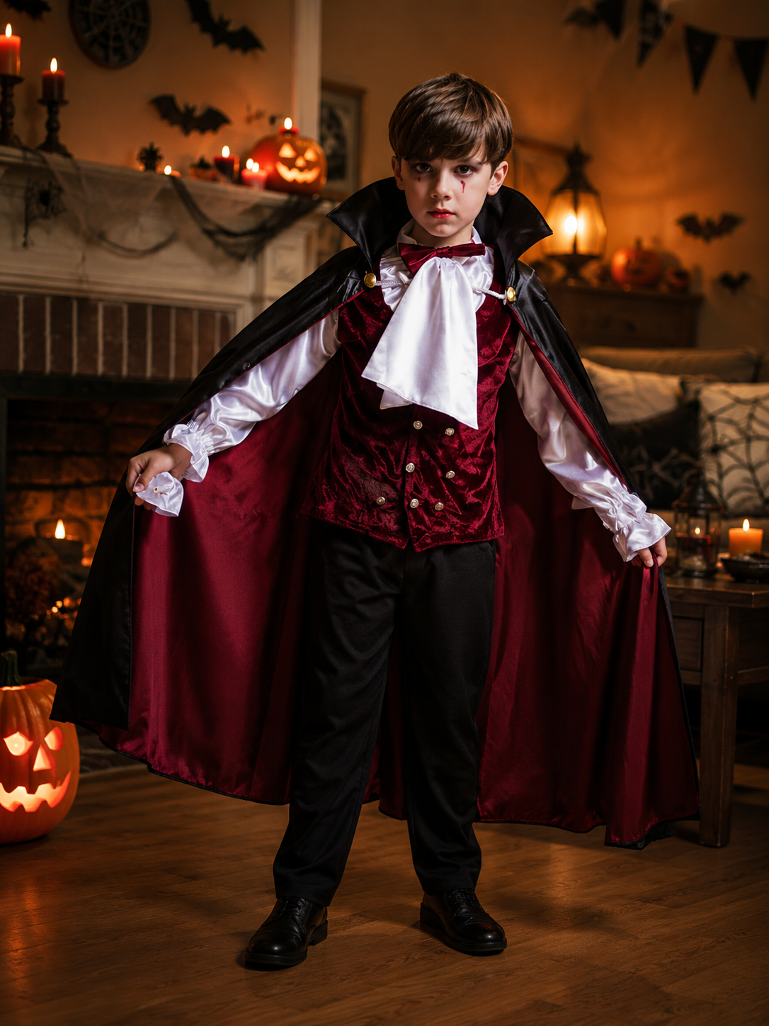 Boys Vampire Halloween Costume with Red and Black Cape, Red Vest, White Shirt and Black Pants, Kids Dracula Costume for Halloween Party