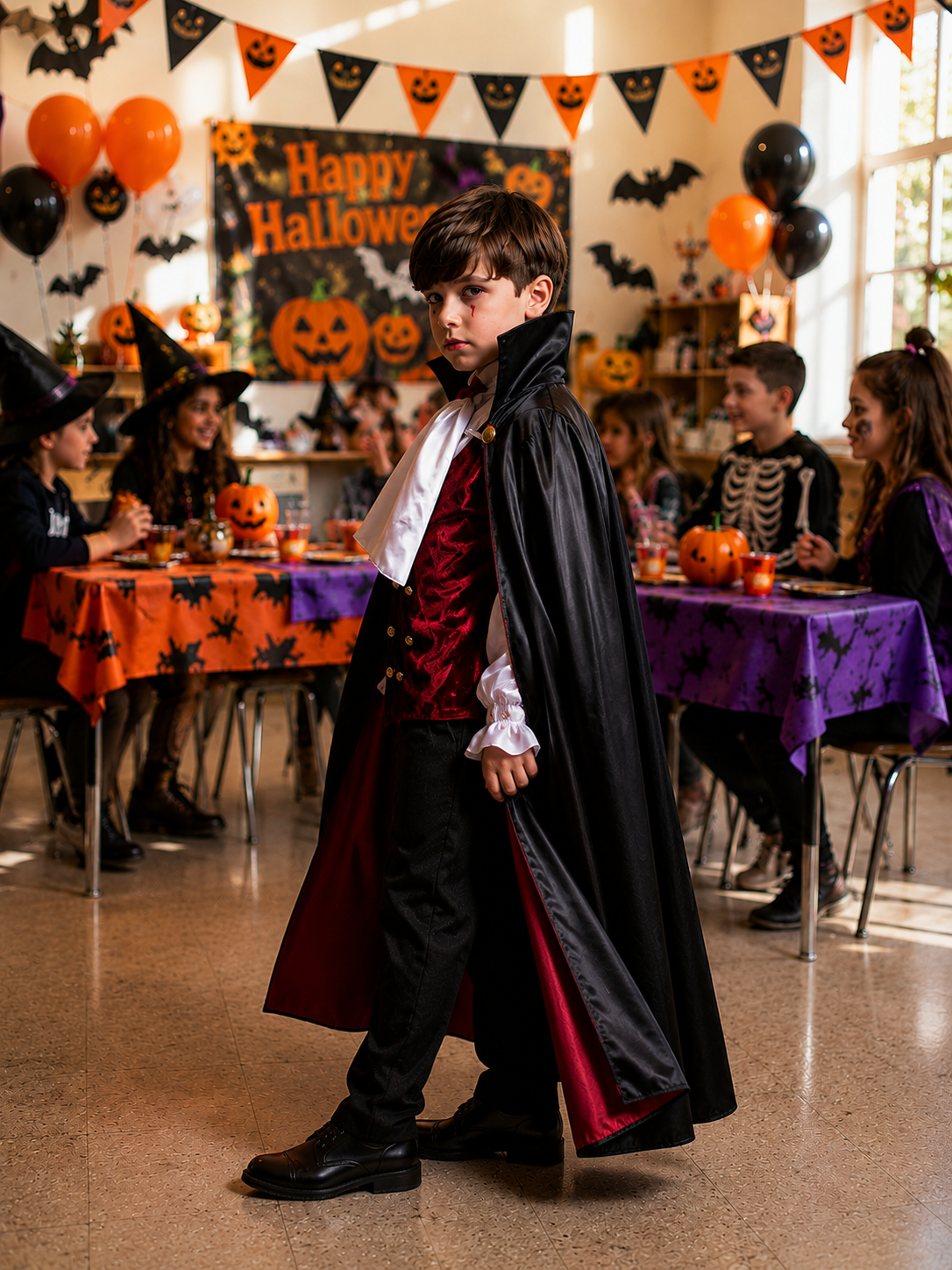Vampire costume for kids with a red and black cape, red vest, white shirt, and black pants, Dracula costume for a Halloween party, costume for Halloween party at school