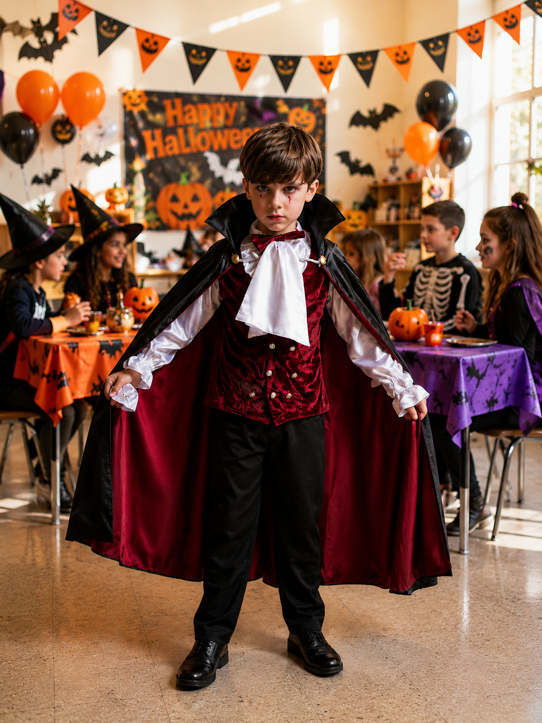 Vampire costume for kids with a red and black cape, red vest, white shirt, and black pants, Dracula costume for a Halloween party, costume for Halloween party at school