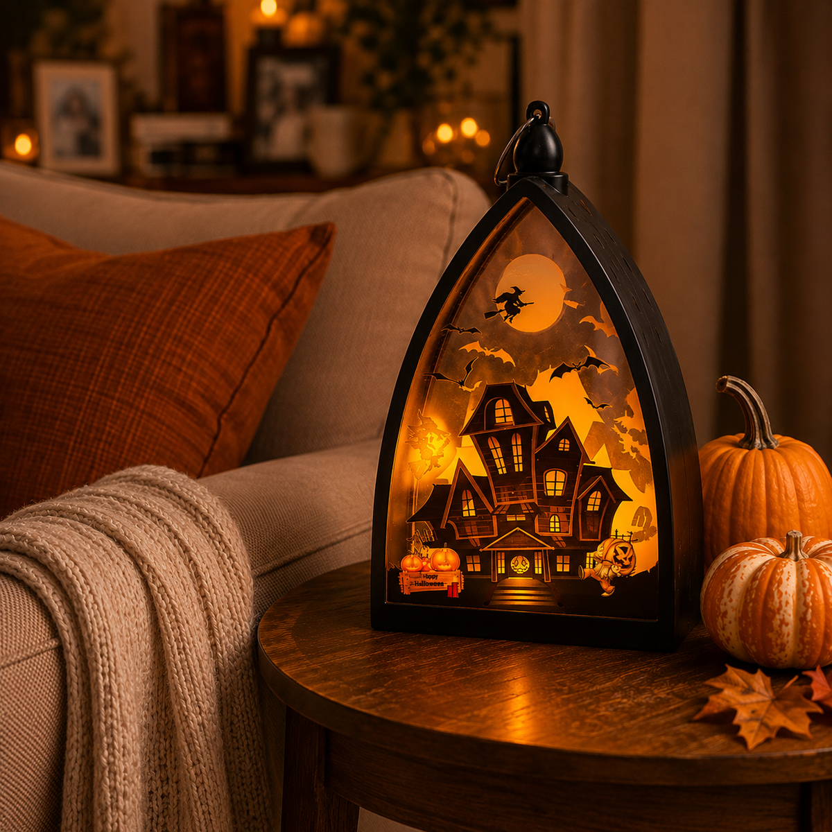 Halloween LED Lantern, Pumpkin Haunted House Skeleton Shadow Box, Warm Light Tabletop Decoration
