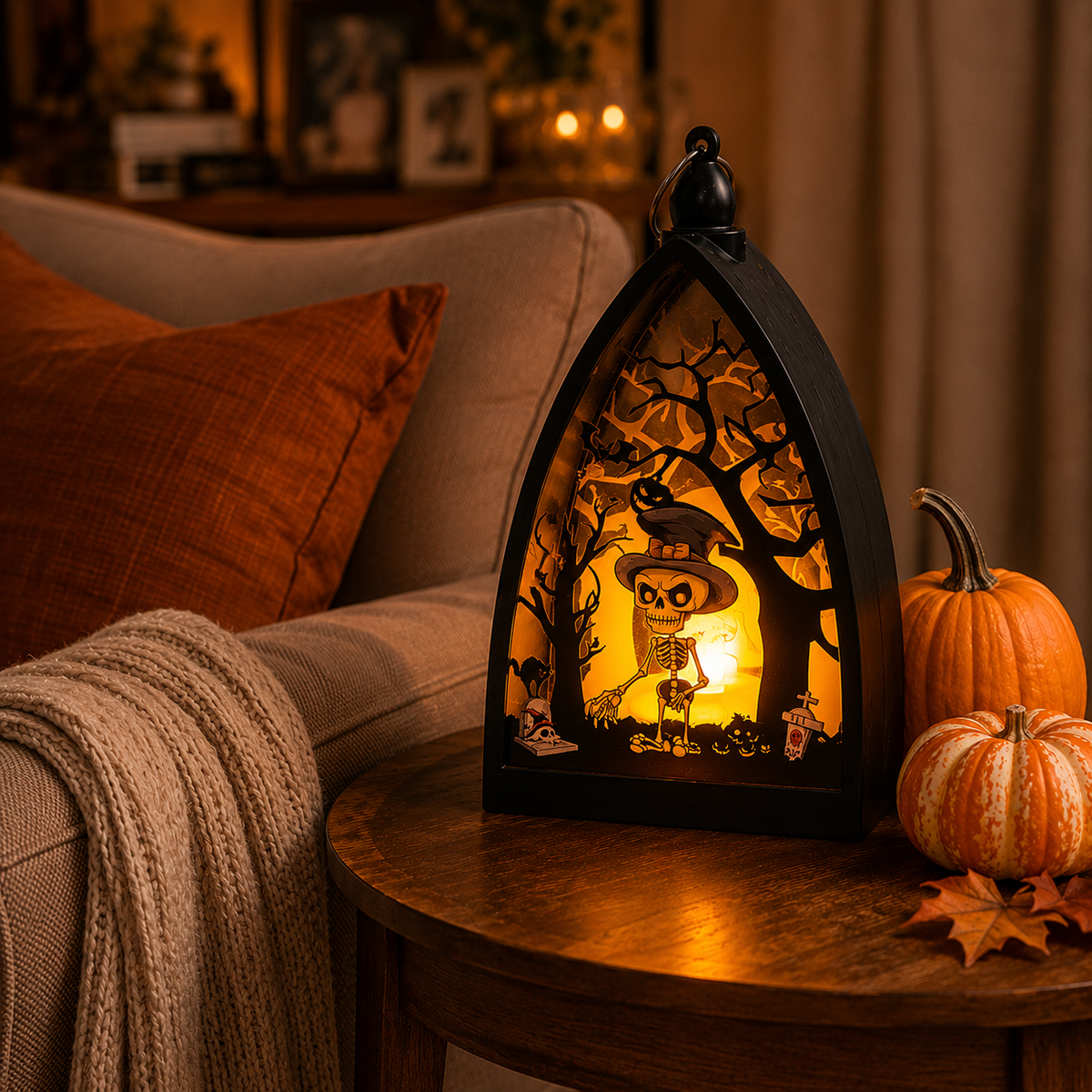 Halloween LED Lantern, Pumpkin Haunted House Skeleton Shadow Box, Warm Light Tabletop Decoration