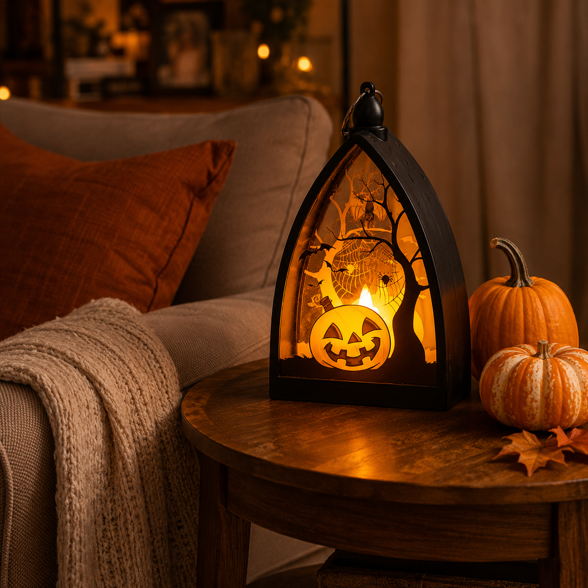 Halloween LED Lantern, Pumpkin Haunted House Skeleton Shadow Box, Warm Light Tabletop Decoration