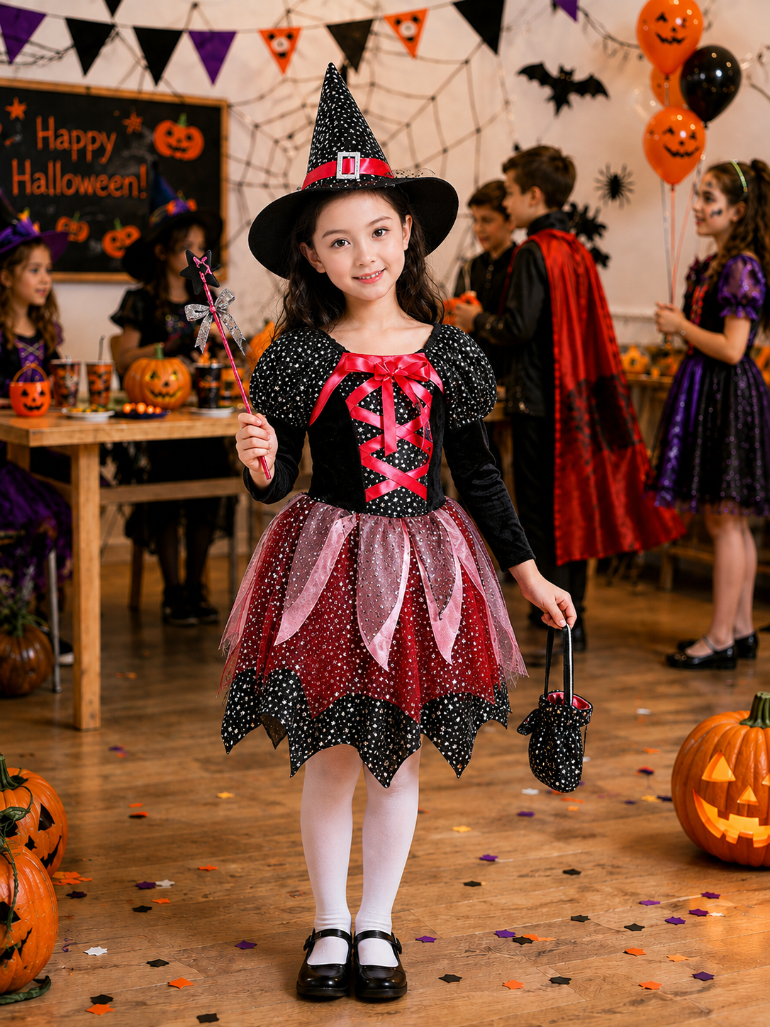 Girls Halloween Witch Costume Dress, Kids Witch Costume with Hat, Spooky Fantasy Halloween Outfit for Girls, Witch Dress for Halloween Party