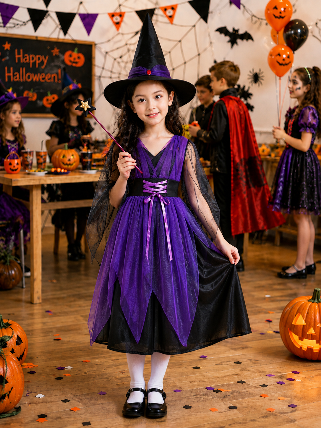 Girls Halloween Witch Costume Dress, Kids Witch Costume with Hat, Spooky Fantasy Halloween Outfit for Girls, Witch Dress for Halloween Party