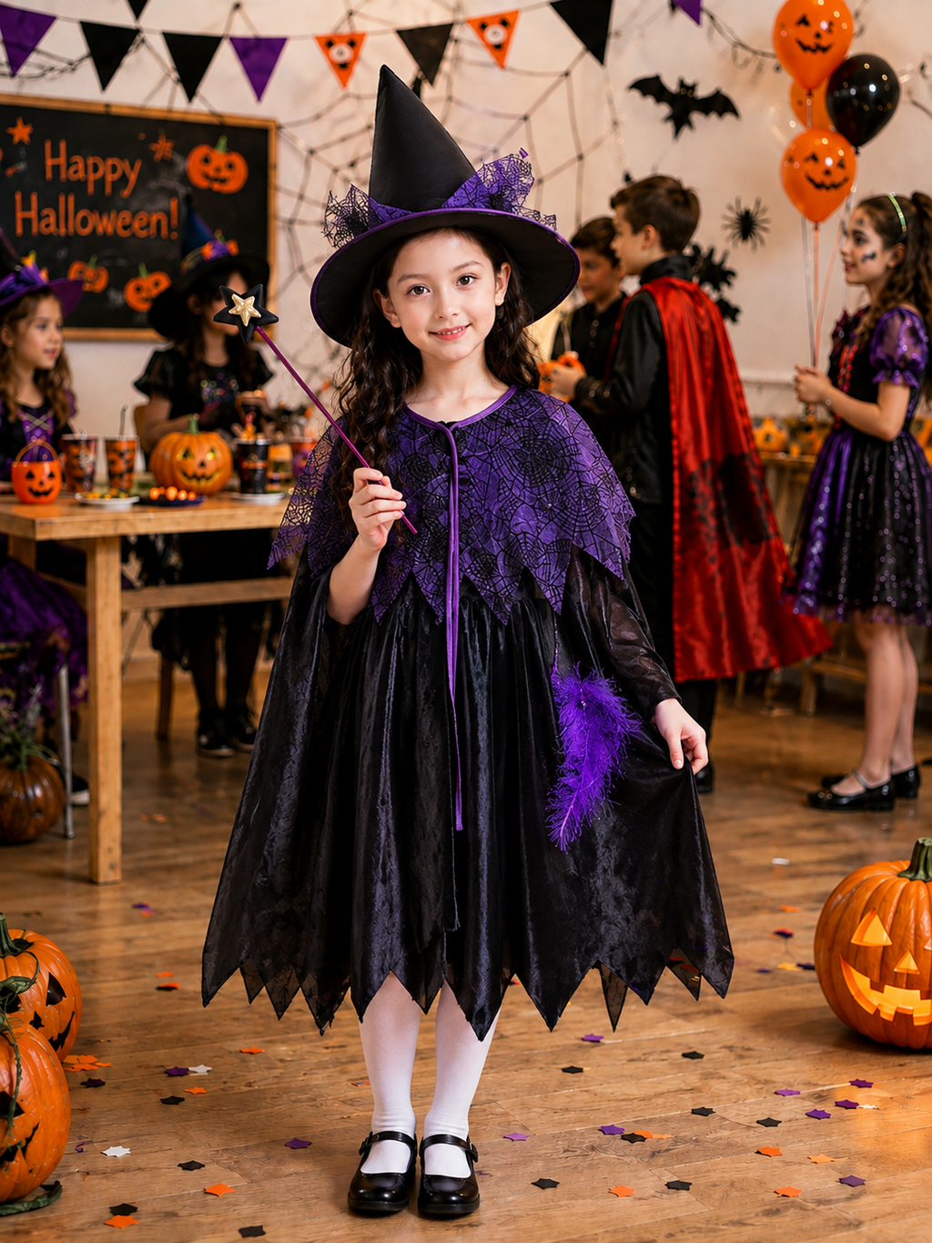 Girls Halloween Witch Costume Dress, Kids Witch Costume with Hat, Spooky Fantasy Halloween Outfit for Girls, Witch Dress for Halloween Party