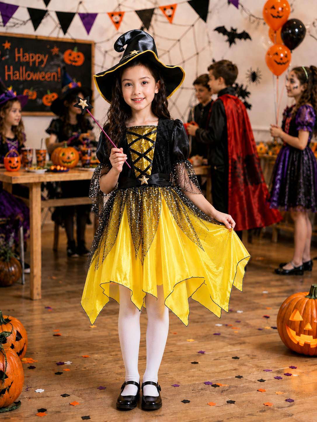 Girls Halloween Witch Costume Dress, Kids Witch Costume with Hat, Spooky Fantasy Halloween Outfit for Girls, Witch Dress for Halloween Party