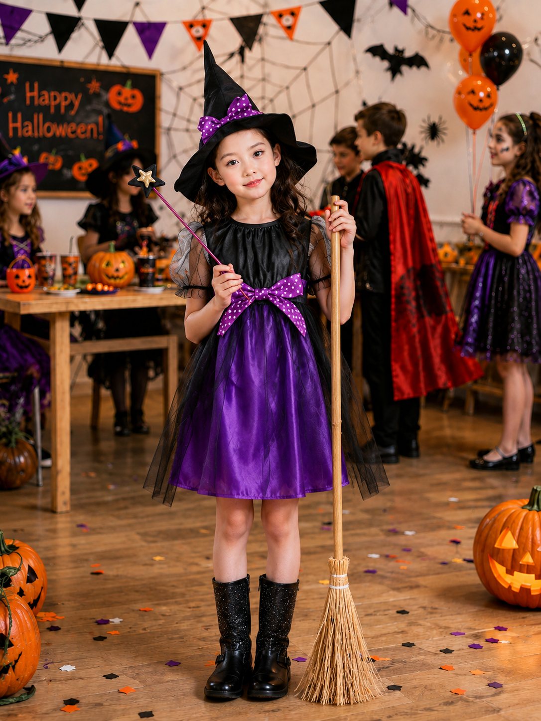 Girls Halloween Witch Costume Dress, Kids Witch Costume with Hat, Spooky Fantasy Halloween Outfit for Girls, Witch Dress for Halloween Party