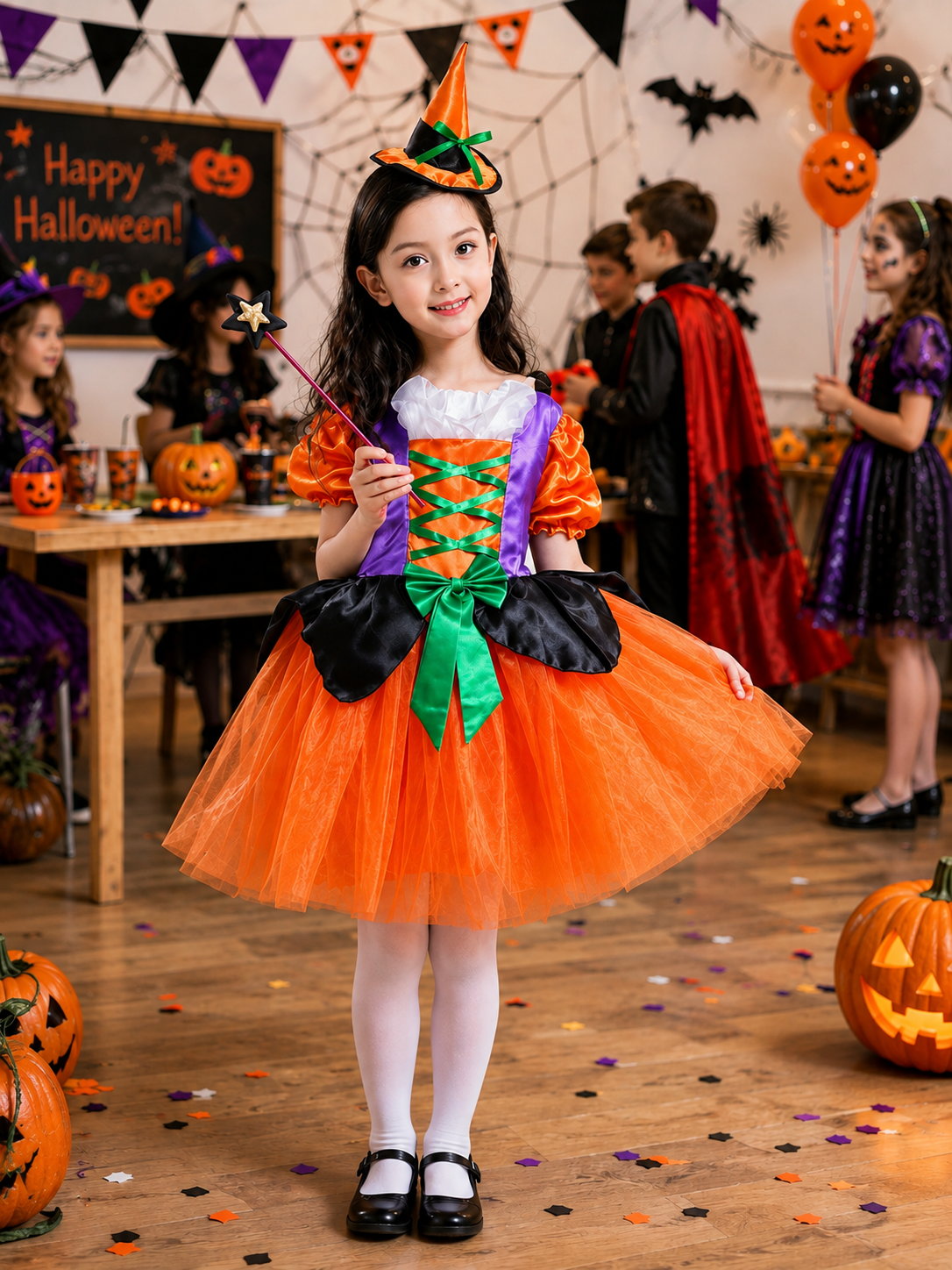 Girls Halloween Witch Costume Dress, Kids Witch Costume with Hat, Spooky Fantasy Halloween Outfit for Girls, Witch Dress for Halloween Party