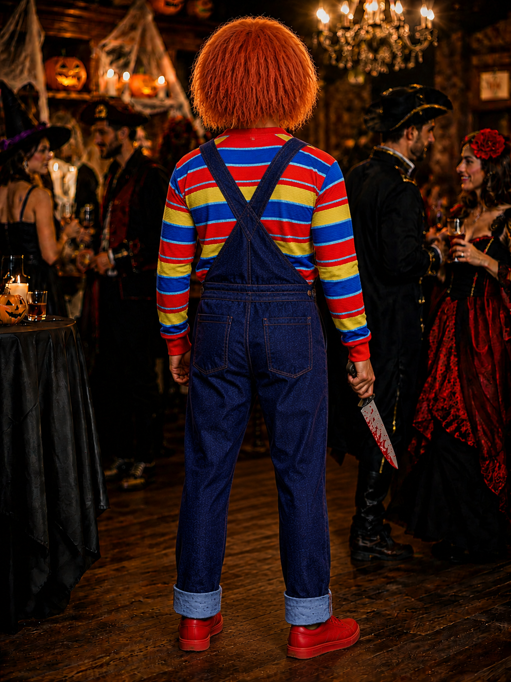 Scary Halloween doll costume for adults, horror doll outfit with striped sweater and denim overalls, Chucky costume