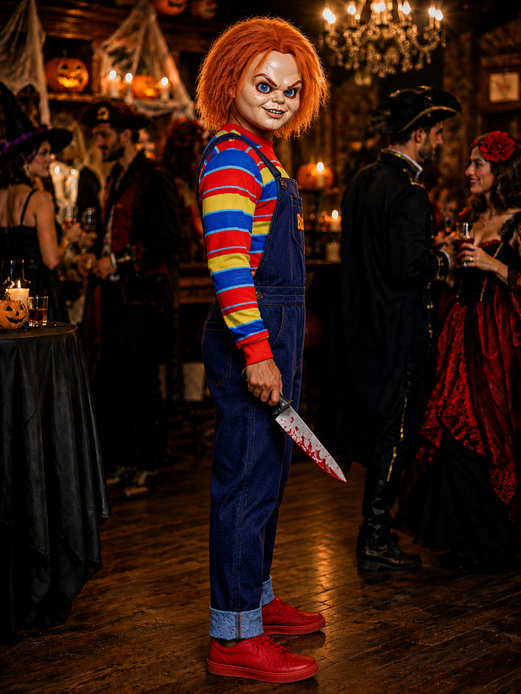 Scary Halloween doll costume for adults, horror doll outfit with striped sweater and denim overalls, Chucky costume