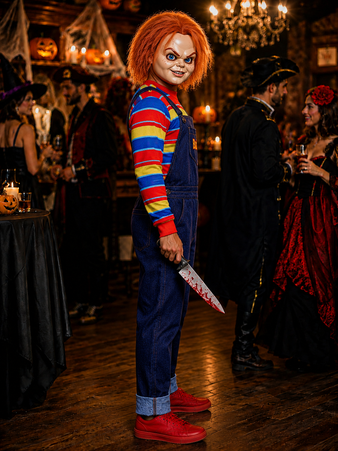 Scary Halloween doll costume for adults, horror doll outfit with striped sweater and denim overalls, Chucky costume