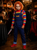Scary Halloween doll costume for adults, horror doll outfit with striped sweater and denim overalls, Chucky costume
