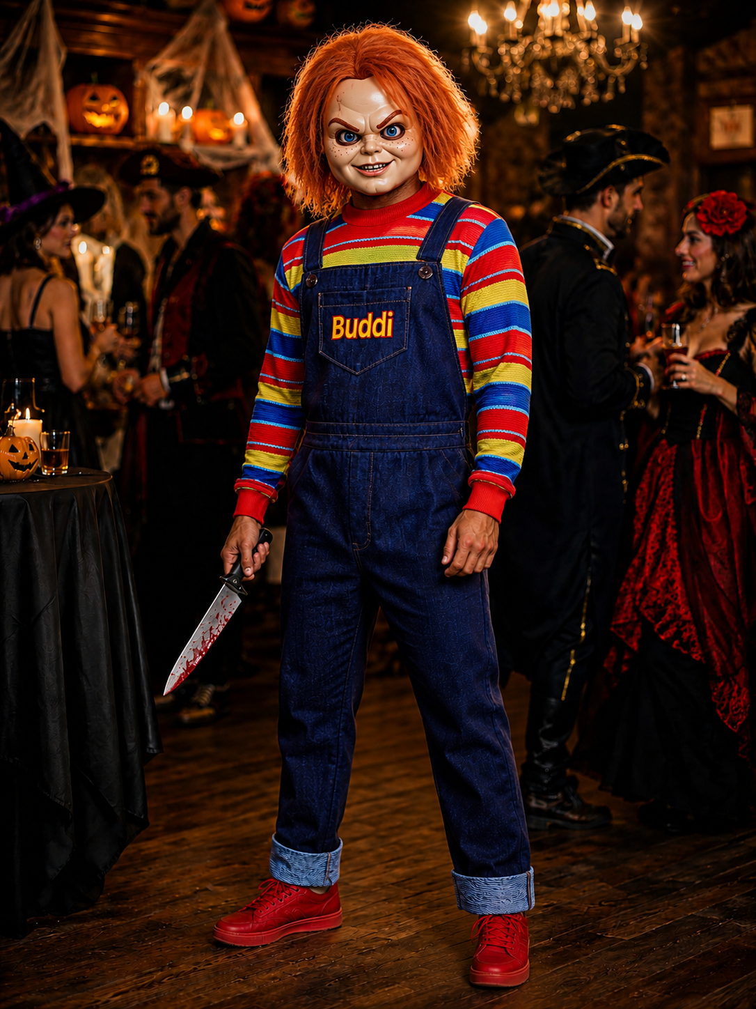 Scary Halloween doll costume for adults, horror doll outfit with striped sweater and denim overalls, Chucky costume
