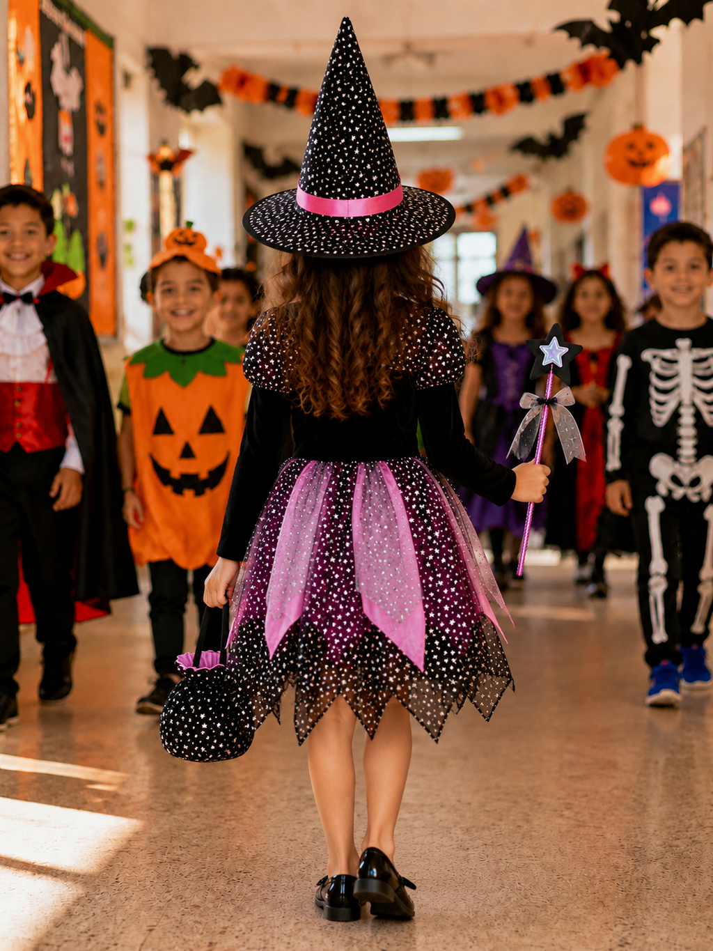 Girls Halloween Witch Costume, Kids Witch Dress with Hat, Cute Black & Pink Witch Outfit for Halloween Party & Trick or Treat