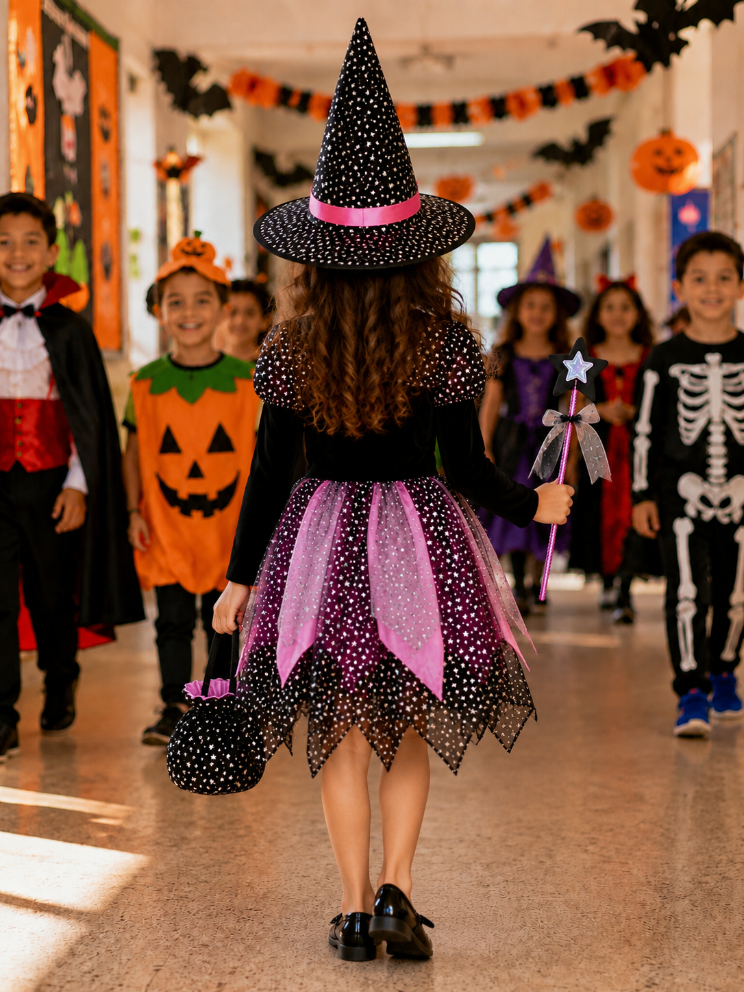 Girls Halloween Witch Costume, Kids Witch Dress with Hat, Cute Black & Pink Witch Outfit for Halloween Party & Trick or Treat