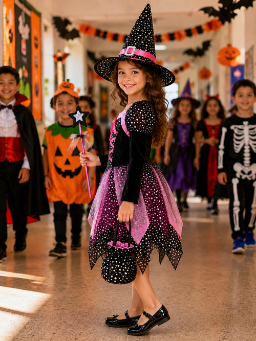 Girls Halloween Witch Costume, Kids Witch Dress with Hat, Cute Black & Pink Witch Outfit for Halloween Party & Trick or Treat