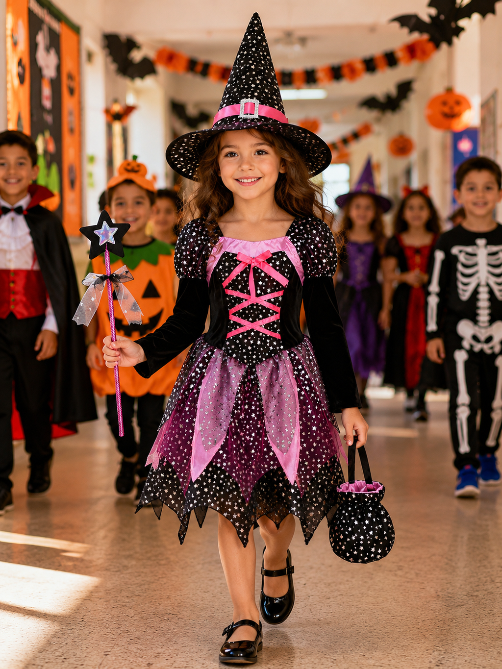 Girls Halloween Witch Costume, Kids Witch Dress with Hat, Cute Black & Pink Witch Outfit for Halloween Party & Trick or Treat