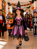 Girls Halloween Witch Costume, Kids Witch Dress with Hat, Cute Black & Pink Witch Outfit for Halloween Party & Trick or Treat