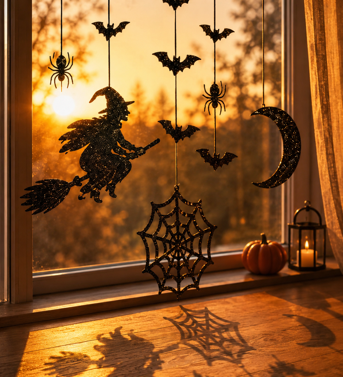 Halloween Hanging Decorations Black Glitter Garland – Bat, Spider, Witch, Ghost, Haunted House & Moon Party Decor