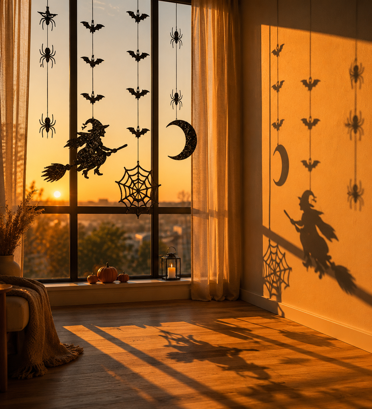 Halloween Hanging Decorations Black Glitter Garland – Bat, Spider, Witch, Ghost, Haunted House & Moon Party Decor