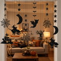 Halloween Hanging Decorations Black Glitter Garland – Bat, Spider, Witch, Ghost, Haunted House & Moon Party Decor