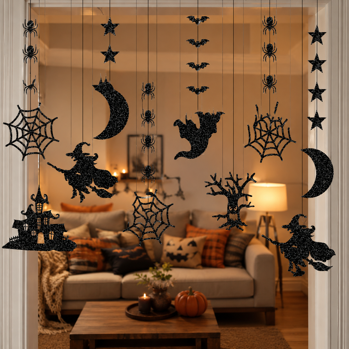 Halloween Hanging Decorations Black Glitter Garland – Bat, Spider, Witch, Ghost, Haunted House & Moon Party Decor
