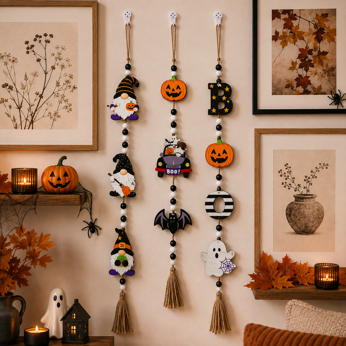 Halloween Hanging Decorations, Halloween Bead Garland with Pumpkin, Ghost, Witch, Bat & BOO Ornaments, 59cm Vertical Hanging Decor for Home, Mantel, Fireplace, Window, Wall & Party