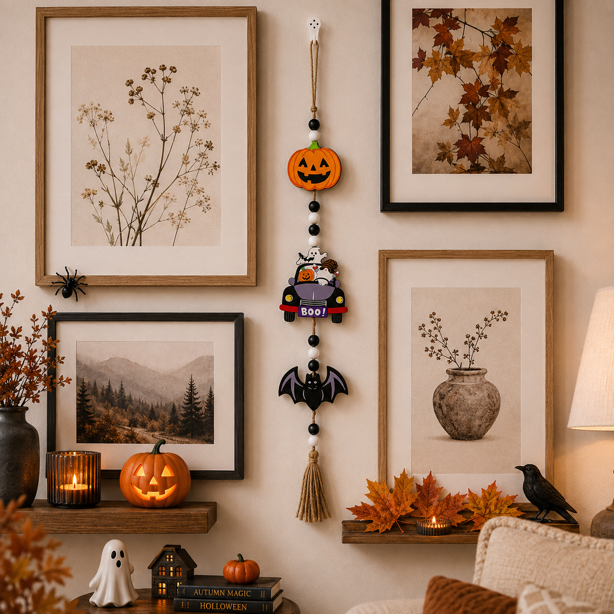 Halloween Hanging Decorations, Halloween Bead Garland with Pumpkin, Ghost, Witch, Bat & BOO Ornaments, 59cm Vertical Hanging Decor for Home, Mantel, Fireplace, Window, Wall & Party