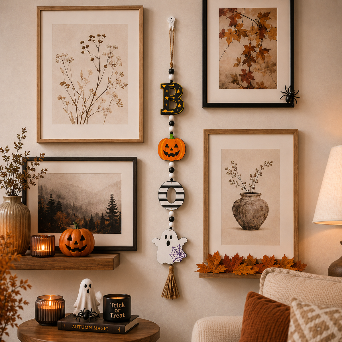 Halloween Hanging Decorations, Halloween Bead Garland with Pumpkin, Ghost, Witch, Bat & BOO Ornaments, 59cm Vertical Hanging Decor for Home, Mantel, Fireplace, Window, Wall & Party