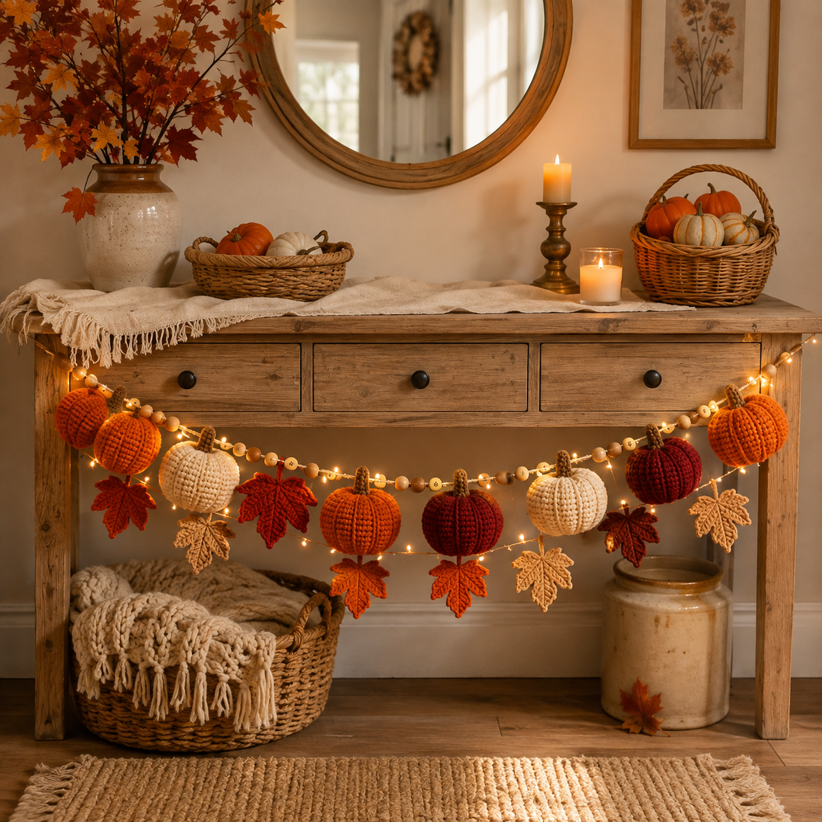 Halloween Decorations Garland with Lights, Pumpkin Garland, Black Cat & Autumn Leaves, Hanging Fall Decor for Home, Mantel, Fireplace, Window, Table, Party, Vintage Rustic Halloween Decor