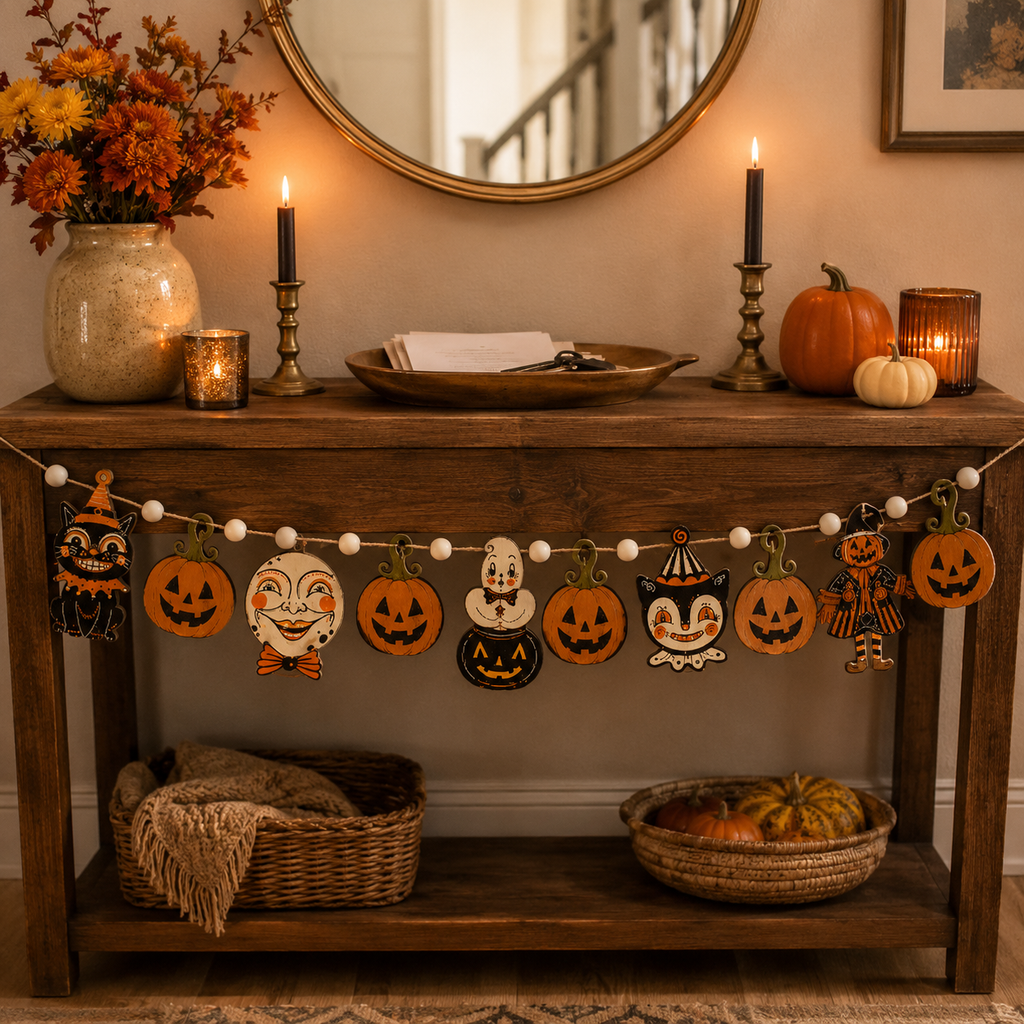 Halloween Decorations Garland with Lights, Pumpkin Garland, Black Cat & Autumn Leaves, Hanging Fall Decor for Home, Mantel, Fireplace, Window, Table, Party, Vintage Rustic Halloween Decor